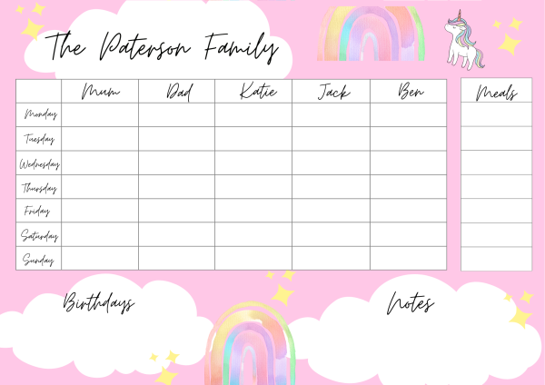 Weekly Family Activity Planner - Rainbow Unicorn
