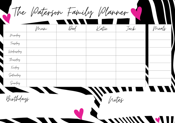 Weekly Family Activity Planner - Pink & Black Geo Print